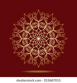 Christmas and New Year background with hand drawn golden snowflake. Template for greeting, invitation card with snowflake for winter holiday.