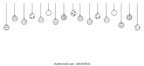 Christmas and New Year background with Hanging simple outline Christmas Balls, isolated, hand drawn. Vector holiday backdrop in doodle style