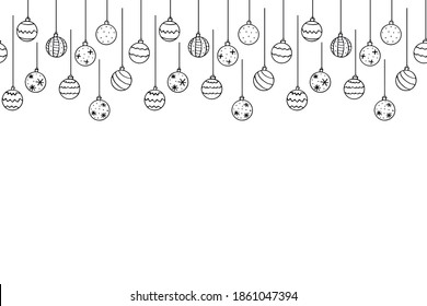 Christmas and New Year background with Hanging simple outline Christmas Balls, isolated, hand drawn. Vector holiday backdrop in doodle style