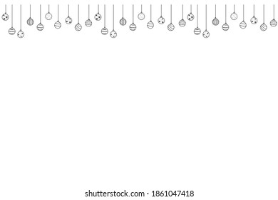 Christmas and New Year background with Hanging simple outline Christmas Balls, isolated, hand drawn. Vector holiday backdrop in doodle style