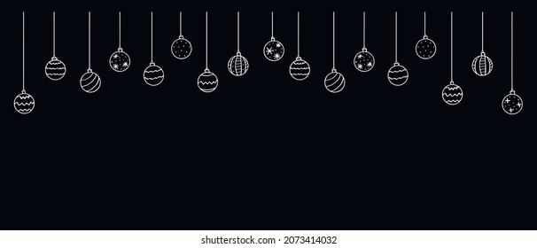 Christmas and New Year background with Hanging simple outline Christmas Balls, isolated, hand drawn. Vector holiday backdrop in doodle style