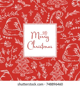 Christmas and New Year background with hat of Santa Claus and Christmas decorations. Vector hand drawn illustration