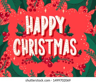 Christmas and New Year background for holiday party. Vector illustration hand-drawn lettering season wishes with festive colorful elements.