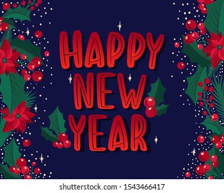 Christmas and New Year background for holiday party. Vector illustration hand-drawn lettering season wishes with festive colorful elements.