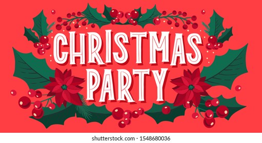 Christmas and New Year background for holiday party. Vector illustration hand-drawn lettering season wishes with festive colorful elements.