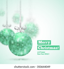 Christmas and New Year background. Holiday decorative balls and text. Greeting card vector template. 