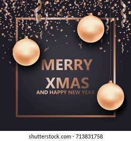 Christmas and New Year background for holiday greeting card, invitation, party flyer, poster, banner. Golden ball, confetti, frame on black background.
