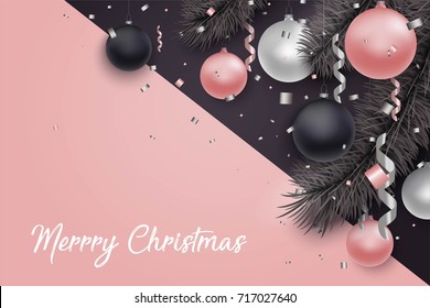 Christmas and New Year background for holiday greeting card, invitation, party flyer, poster, banner. Silver ball, confetti, frame, christmas tree branches, snowflakes on black background.