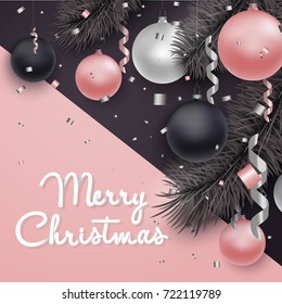 Christmas and New Year background for holiday greeting card, invitation, party flyer, poster, banner. Silver ball, confetti, frame, christmas tree branches, snowflakes on black background.