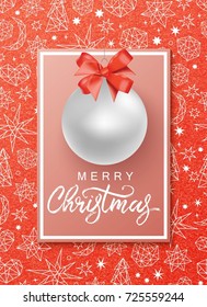 Christmas and New Year background for holiday greeting card, invitation, party flyer, poster, banner. Silver ball, red bow, frame.