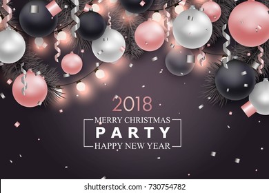 Christmas and New Year background for holiday greeting card, invitation, party flyer, poster, banner. Silver, pink and black ball, confetti, string gsrlsnd on black background.