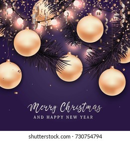 Christmas and New Year background for holiday greeting card, invitation, party flyer, poster, banner. Silver, pink and black ball, confetti, string gsrlsnd on black background.
