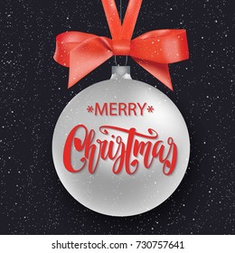 Christmas and New Year background for holiday greeting card, invitation, party flyer, poster, banner. Silver ball with red bow on black background, snowfall.