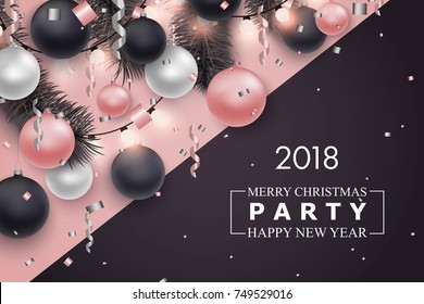 Christmas and New Year background for holiday greeting card, invitation, party flyer, poster, banner. Silver, pink and black ball, confetti on black background.