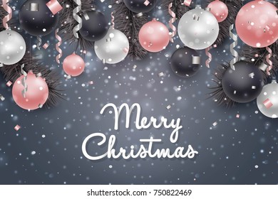 Christmas and New Year background for holiday greeting card, invitation, party flyer, poster, banner. Silver, pink and black ball, confetti on black background.