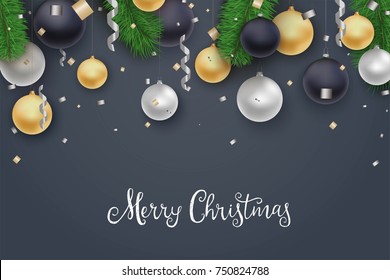 Christmas and New Year background for holiday greeting card, invitation, party flyer, poster, banner. Silver, gold, black balls and fur, confetti on red background.