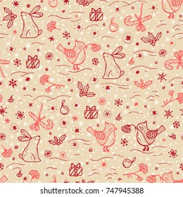 Christmas and New Year Background for kids. Winter Seamless pattern with Hand drawn doodle Bird, Rabbit, gifts, holly berries, snowflakes, snow