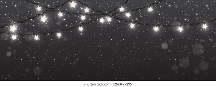 Christmas and New Year background with lights, Xmas decorations glowing white garlands. Christmas theme. Vector Illustration