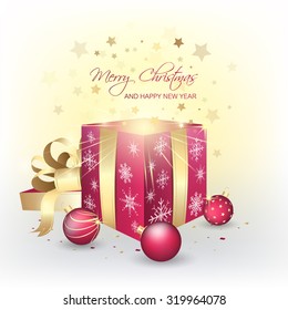 Christmas and New Year background with open gift box, christmas balls, snowflakes, stars and confetti/vector illustration
