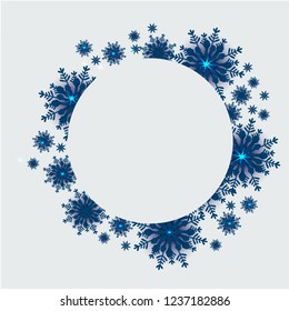 Christmas and new year background, paper cut, vector blue 3D snowflakes on light background