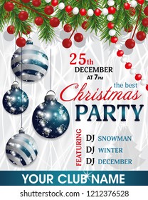Christmas and New Year background. Christmas party invitation decoration with fir branches, beads and blue balls. Vector illustration.