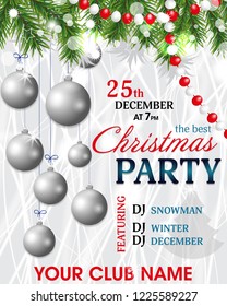 Christmas and New Year background. Christmas party invitation decoration with fir branches, beads and silver balls. Vector illustration.