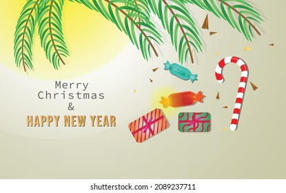 Christmas and New Year background. Pile of gift boxes, Candy cane from cookies, green pine trees. Holiday banners, web posters, greeting cards. vector illustration