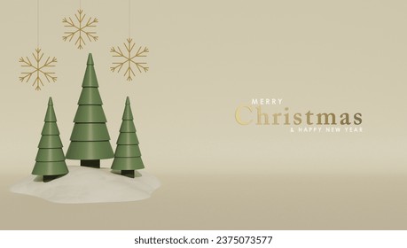 Christmas and New Year background. Pine spruce tree. Abstract Cyclical Christmas Trees. Snowflakes hanging on the ribbon. Bright winter holiday composition. Greeting card, banner, poster