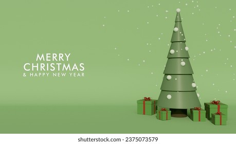 Weihnachten und Neujahr Hintergrund. Fichtenbaum. Abstrakte zyklische Weihnachtsbäume. Schneeflocken hängen am Band. Helle Winterferien-Komposition. Grußkarte, Banner, Poster 