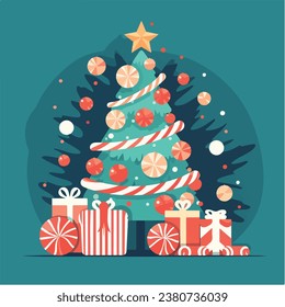Christmas and New Year background. Pine fir trees, Candy canes made from cookies, a golden gift box, Glass balls hanging on ribbons, Creating a bright Winter holiday composition for a Greeting card