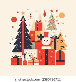 Christmas and New Year background, Pine fir trees, Candy canes made from cookies, a golden gift box, Glass balls hanging on ribbons, Creating a bright Winter holiday composition for a Greeting card