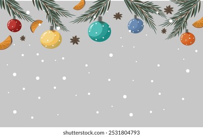 Christmas and New Year background with a lot of pine trees branches decorated christmas balls and toys.