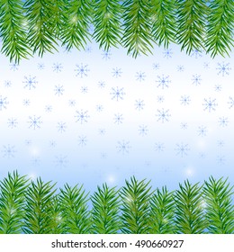 Christmas and New Year background with pine branches and snowflakes. Vector illustration