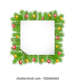 Christmas and New Year background. Pine branches border, frame with decorations