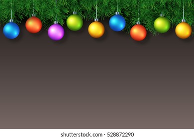Christmas or New Year Background with place for text. Vector template with pine brunches and christmas balls