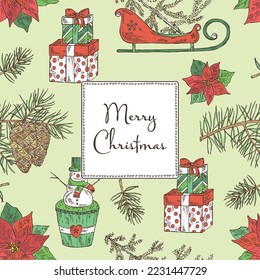 Christmas and New Year background with plants and simbols. Poinsettia flower, pine cones, snowman, presents, santa claus sleigh with christmas tree. Vector hand drawn
