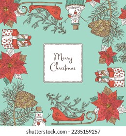 Christmas and New Year background with plants and simbols. Poinsettia flower, pine cones, snowman, presents, santa claus sleigh with christmas tree. Vector hand drawn