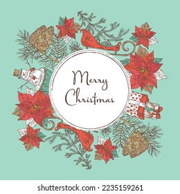 Christmas and New Year background with plants and simbols. Poinsettia flower, pine cones, snowman, presents, santa claus sleigh with christmas tree. Vector hand drawn