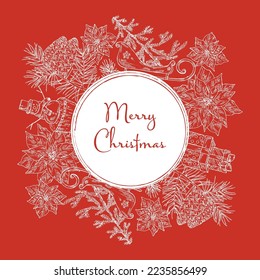 Christmas and New Year background with plants and simbols. Poinsettia flower, pine cones, snowman, presents, santa claus sleigh with christmas tree. Vector hand drawn