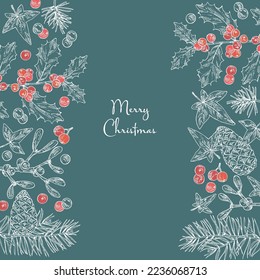 Christmas and New Year background with Christmas plants. Holly tree, pine cones, mistletoe branch, hedera and holly branch. Vector hand drawn illustration.