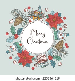 Antecedentes de Navidad y Año Nuevo con plantas y símbolos navideños. Flor de poinsettia, árbol de hojalata, pinos, dulces, muñecos de nieve, regalos, una bolsa con regalos, juguetes y ramas de hueso. Dibujo manual del vector