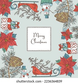 Christmas and New Year background with plants and simbols. Poinsettia flower, pine cones, snowman, presents, santa claus sleigh with christmas tree. Vector hand drawn