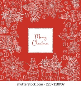 Weihnachten- und Neujahrshintergrund mit Weihnachtspflanzen und -simbols. Poinsettia Blume, Heiligenbaum, Kiefernhäute, Süßigkeiten, Schneemann, Geschenke, eine Tasche mit Geschenken, Spielzeug und heiligen Ast. Vektor handgezeichnet