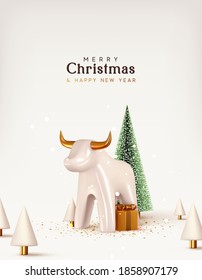 Christmas and New Year background. Porcelain white bull symbol of 2021. Xmas pine fir lush tree. Conical Abstract Christmas Trees. Bright Winter holiday composition. Greeting card, banner, poster.