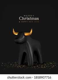 Christmas and New Year background. Porcelain black bull symbol of 2021. Holiday Greeting card, banner, poster. Vector illustration