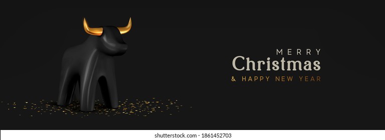 Christmas and New Year background. Porcelain black bull symbol of 2021. Holiday Greeting card, Horizontal website header or banner, web poster. Vector illustration