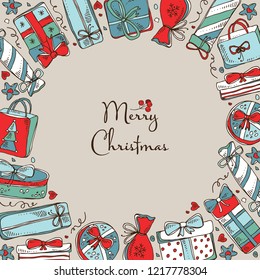 Christmas and New Year background with presents. Vector hand drawn illustration