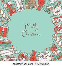 Christmas and New Year background with presents. Vector hand drawn illustration