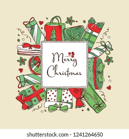 Christmas and New Year background with presents. Vector hand drawn illustration
