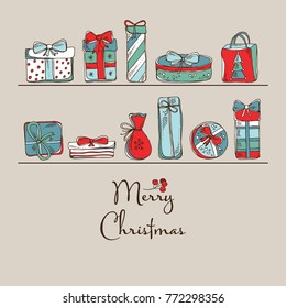 Christmas and New Year background with presents. Vector hand drawn illustration